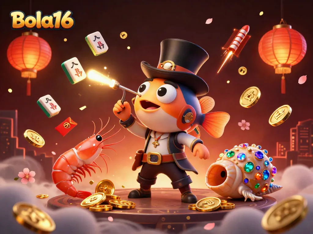 Bola16 showcases a vibrant 3D anglerfish attracting gold coins while surrounded by festive gambling elements.