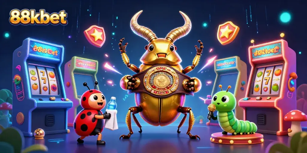 Experience the vibrant and energetic world of 88kbet with unique characters surrounded by dazzling casino elements.