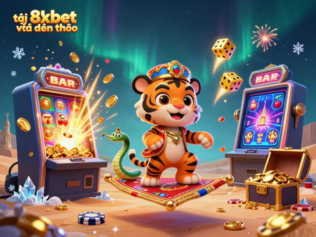 Experience excitement at 8xbet về điện thoại with a vibrant casino scene featuring slots, games, and gold treasures.