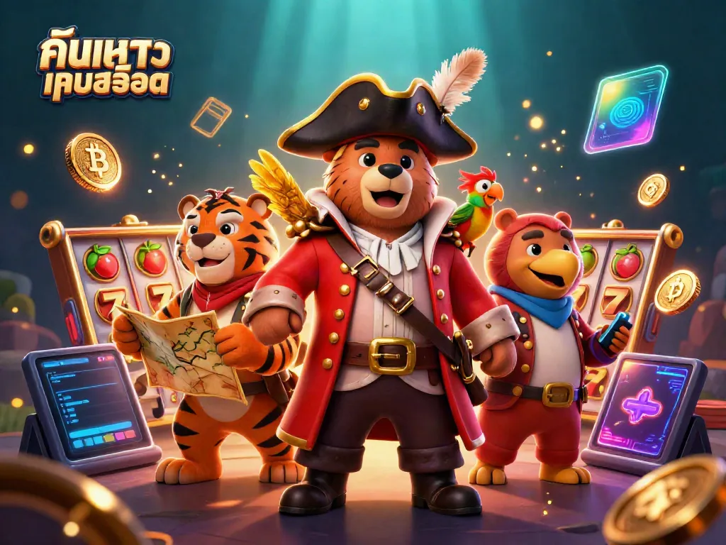 Engage with ค้นหาเกมสล็อต through this vibrant 3D pirate-themed casino adventure illustration.