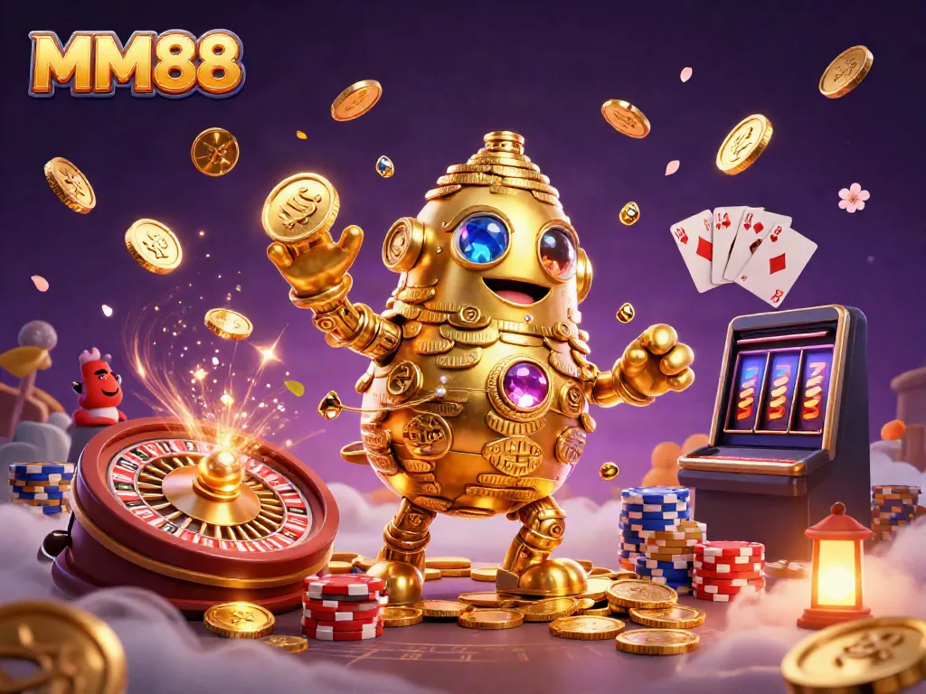 Experience the thrill of MM88 with golden coin golems and vibrant casino elements in 3D.
