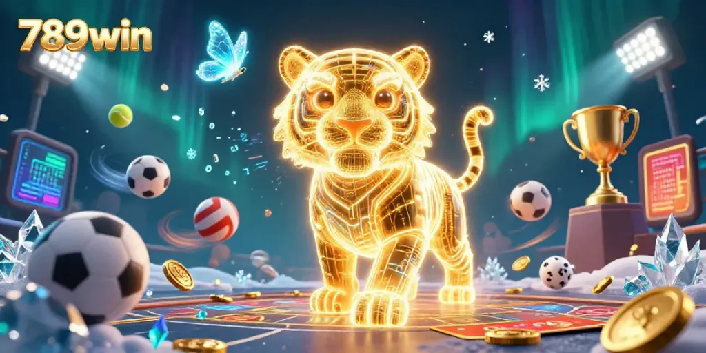 Experience thrilling gameplay with 789win's vibrant neon casino world, showcasing a gilded tiger and sports excitement.