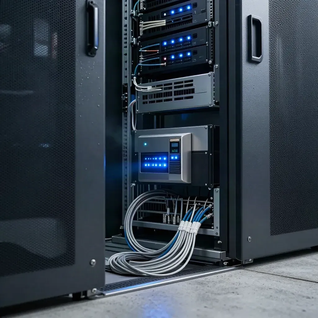 Server room with firewall appliance, access reader, cable coils, and glowing security LEDs