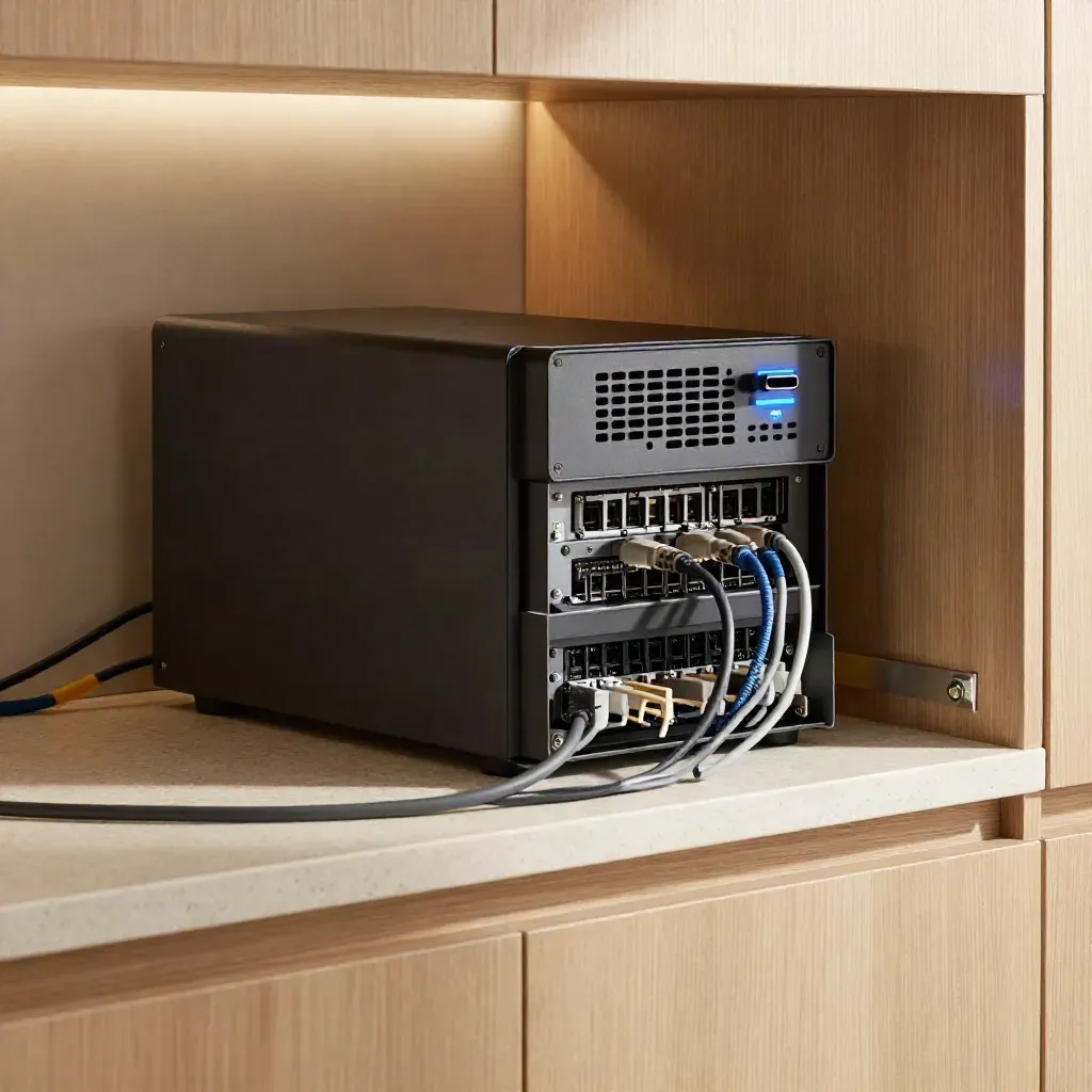 Matte-black firewall appliance beside switch stack and tidy cables in a warm network nook.
