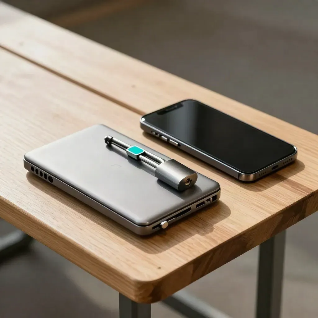 Managed laptops, smartphone, and hardware lock fanned on a pale wood bench.
