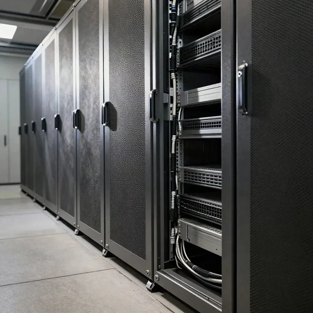 Locked server rack doors with sealed latches and tidy cables in a dim data-room aisle.
