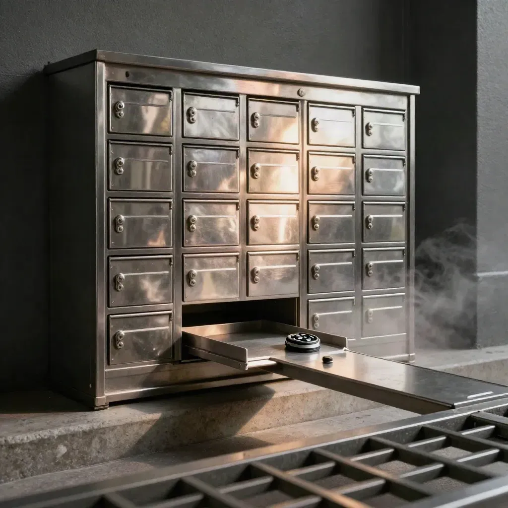 Locked steel mailbox cluster with quarantine tray and smart token in a moody mailroom.
