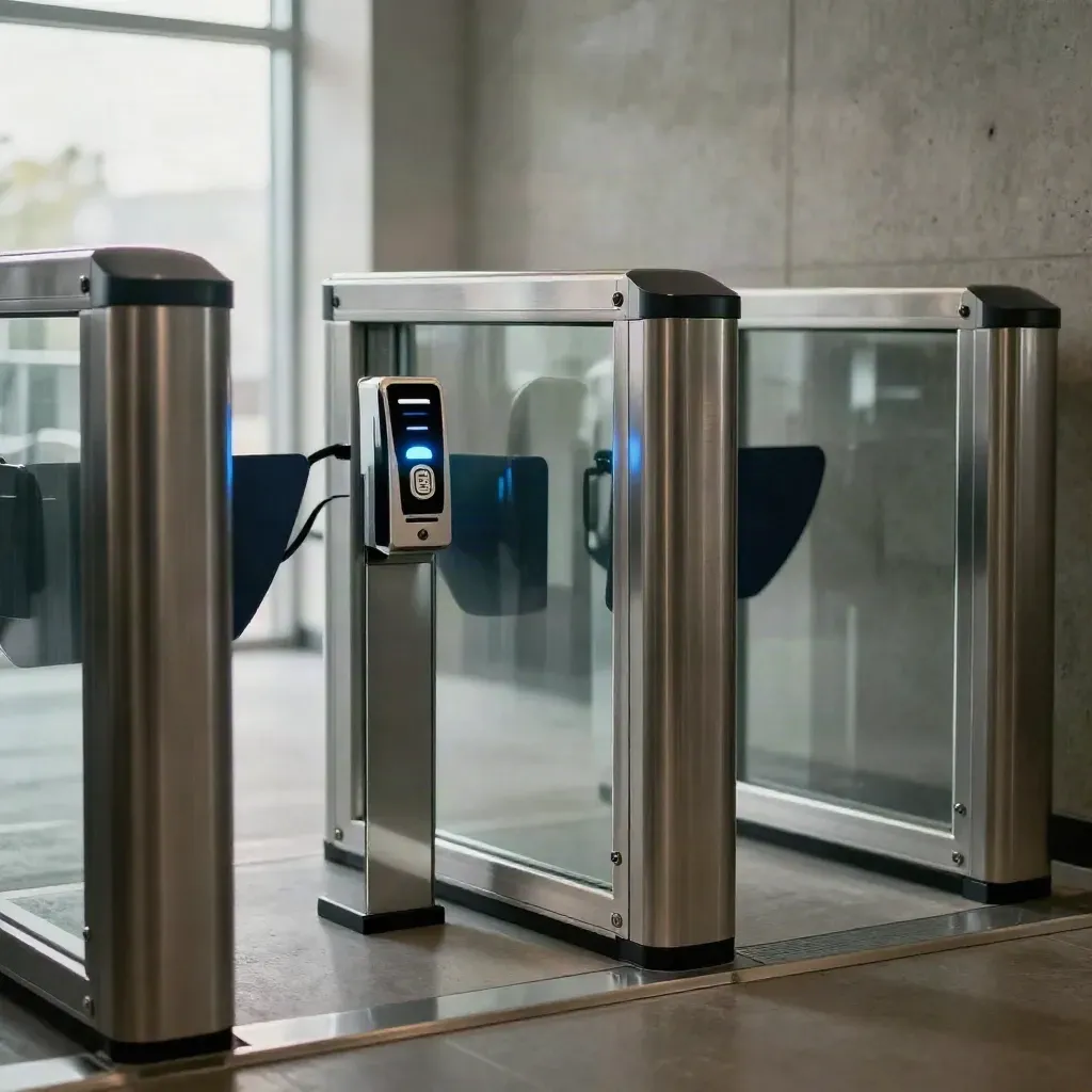 Biometric access reader, encrypted token, and secure gate hardware in a modern entry alcove.