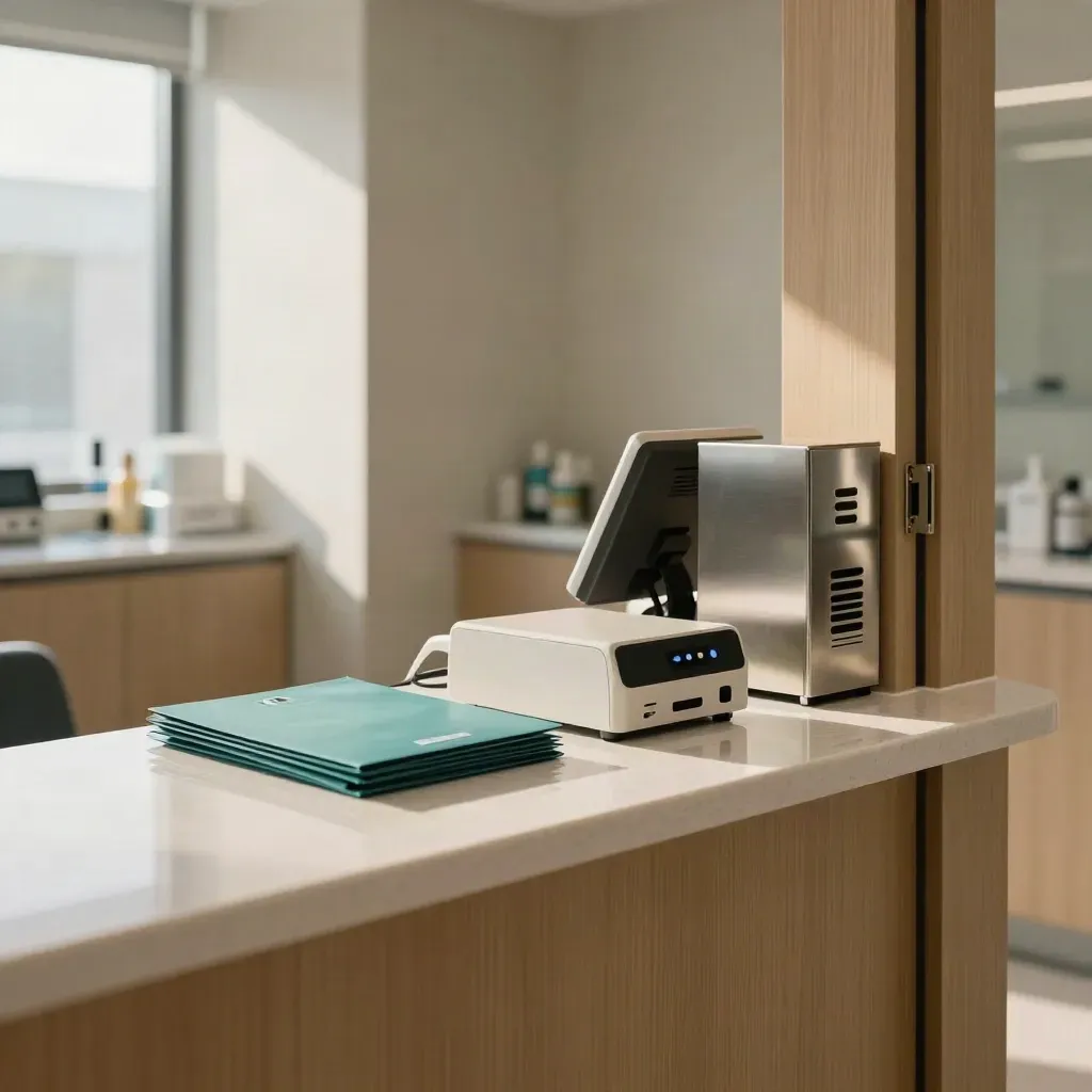 Clinic back-office with sealed payment terminals, secure mail folder and locked cabinet.