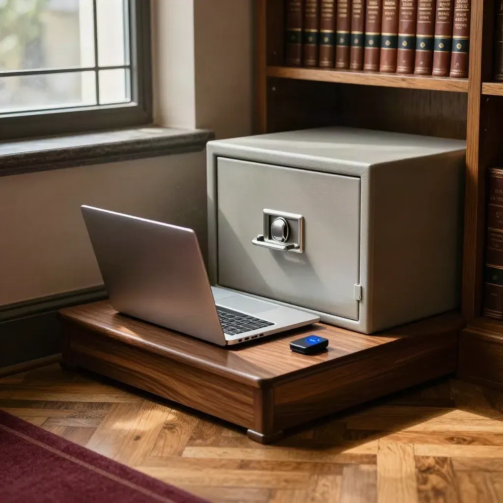Locked laptop dock, VPN key, and closed file safe in a warm law office corner