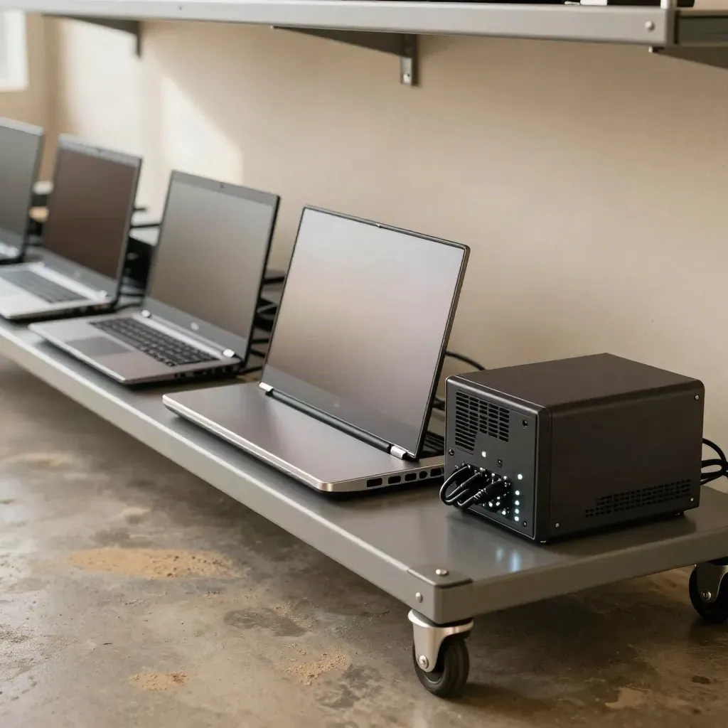 Managed laptops in a charging cart beside a compact firewall appliance in a utility room.