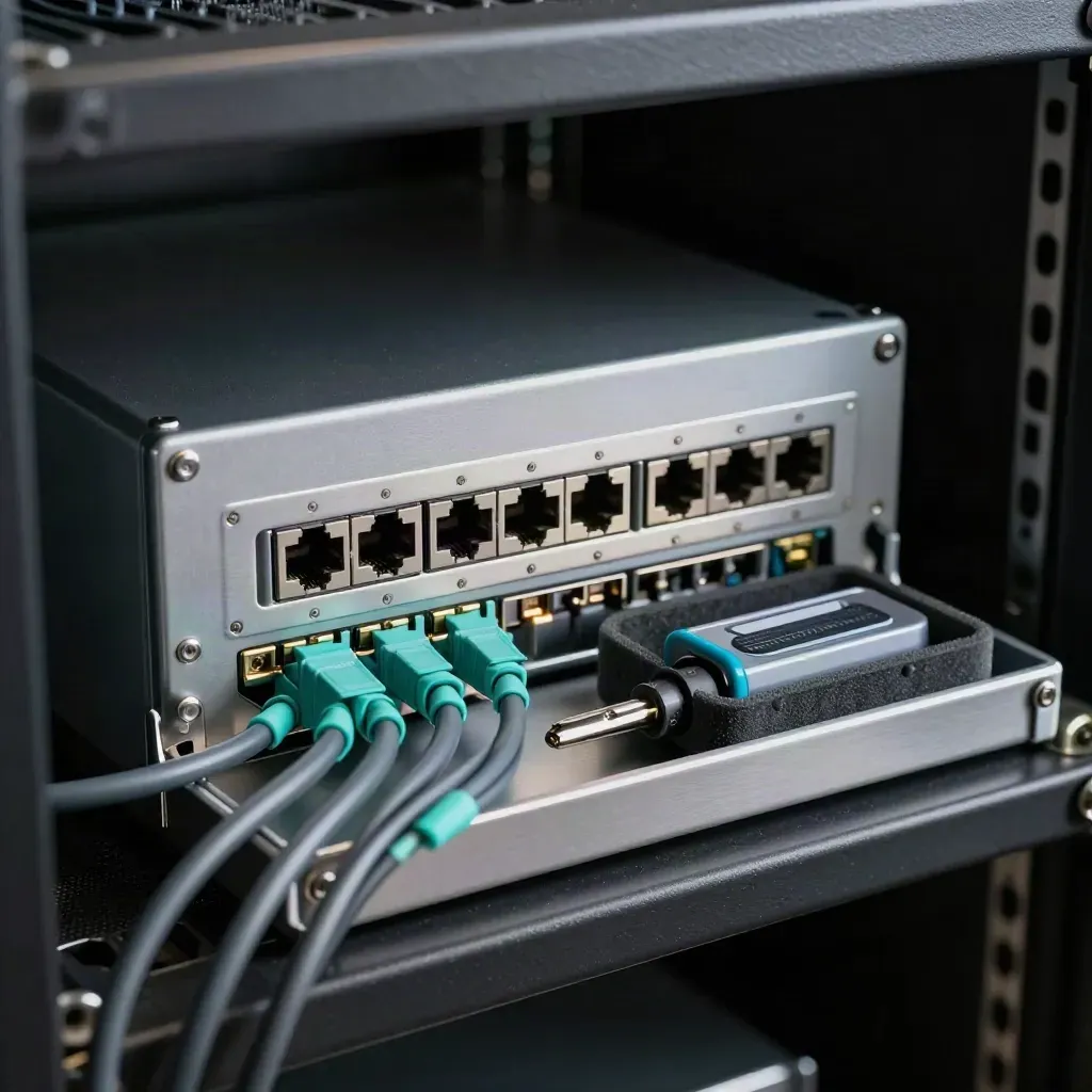 Close-up of a patched server rack shelf with sealed ports and neatly arranged remediation tools.
