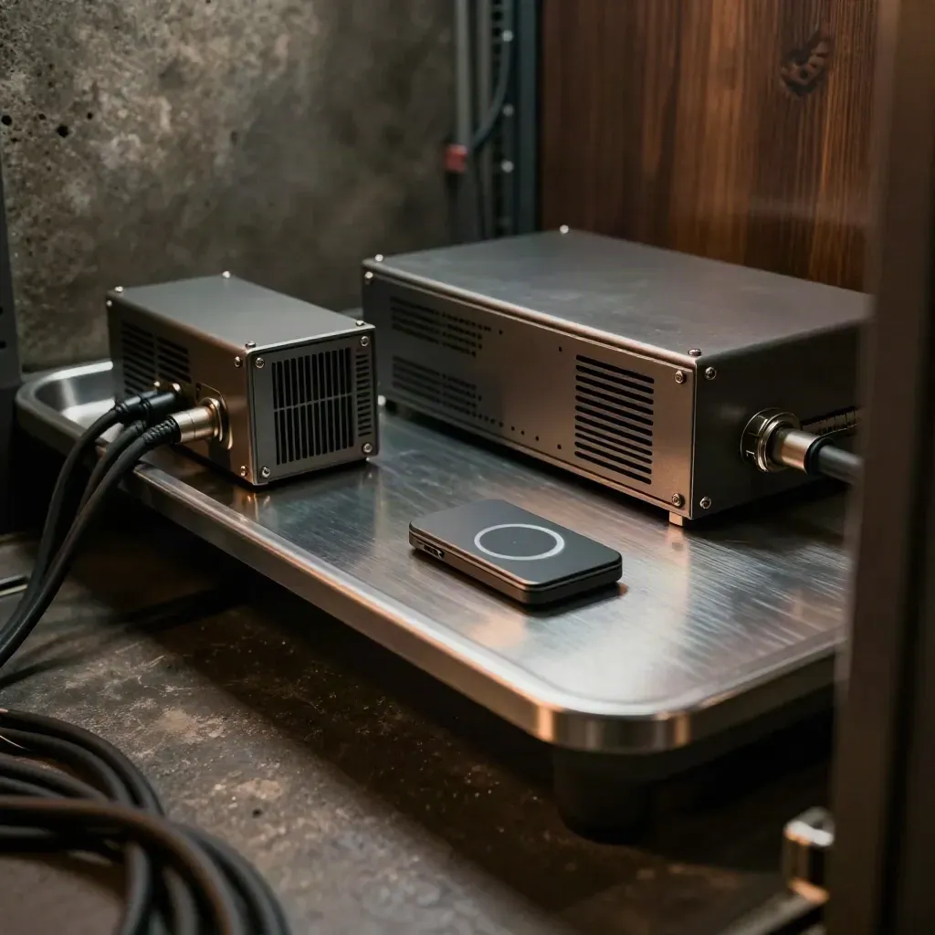 Locked inbox quarantine tray with gateway hardware and smart token in a hazy server alcove.