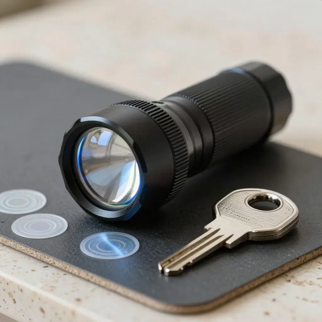 Macro still life of a security audit flashlight, tamper seals, and a stainless key on a dark mat.