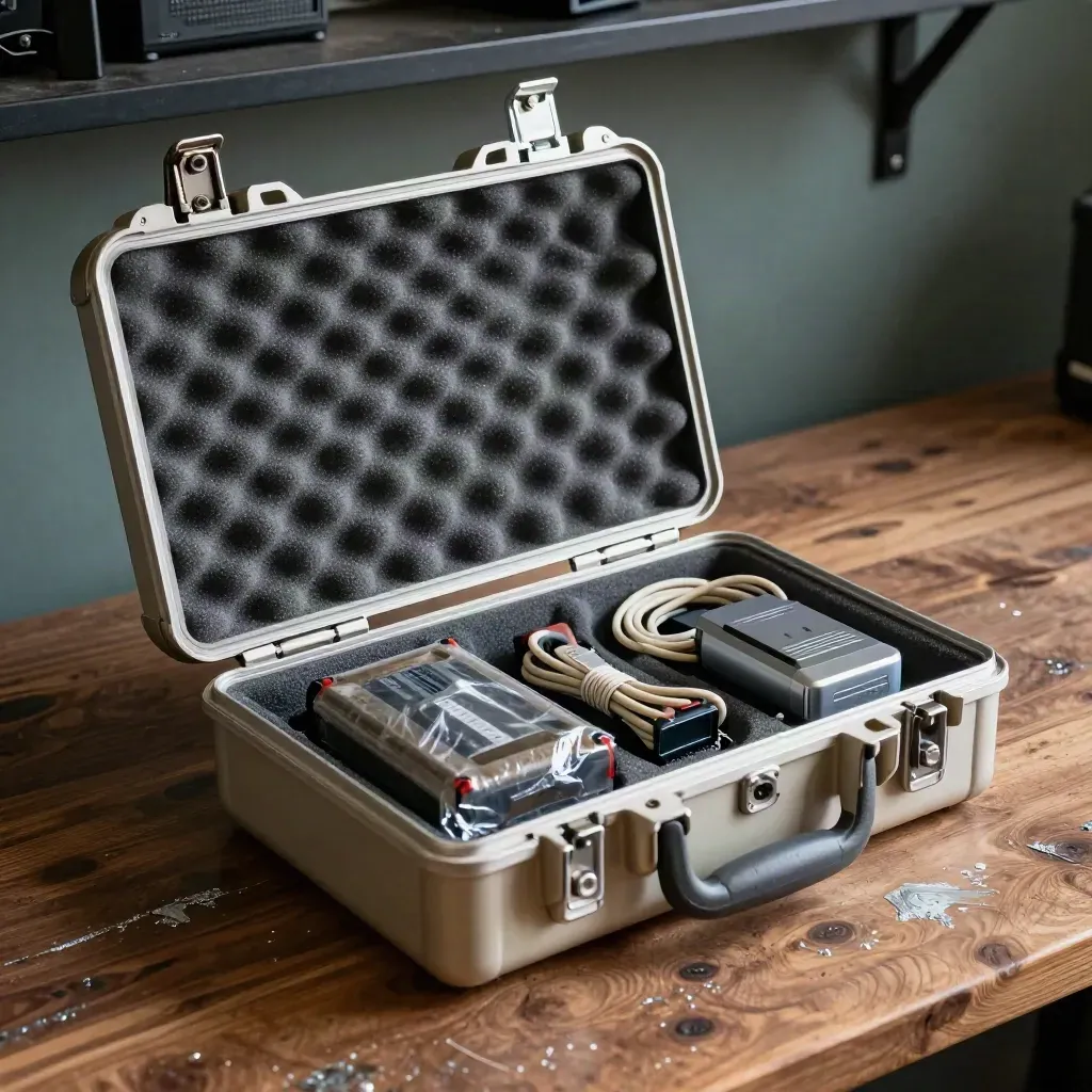 Incident-response hard case with drive sled, batteries, and a fiber loop on a dark workbench.