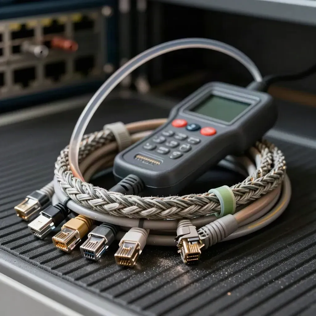 Macro of network cables, fiber lead, and a cable tester on a rubber mat.