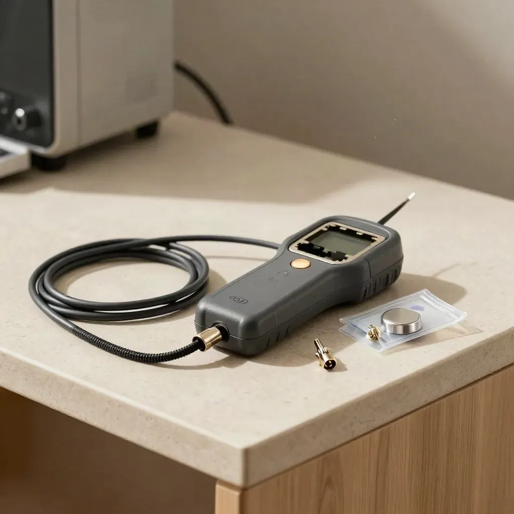 Port tester, cable loop, and tamper seals on a stone desk in warm side light.
