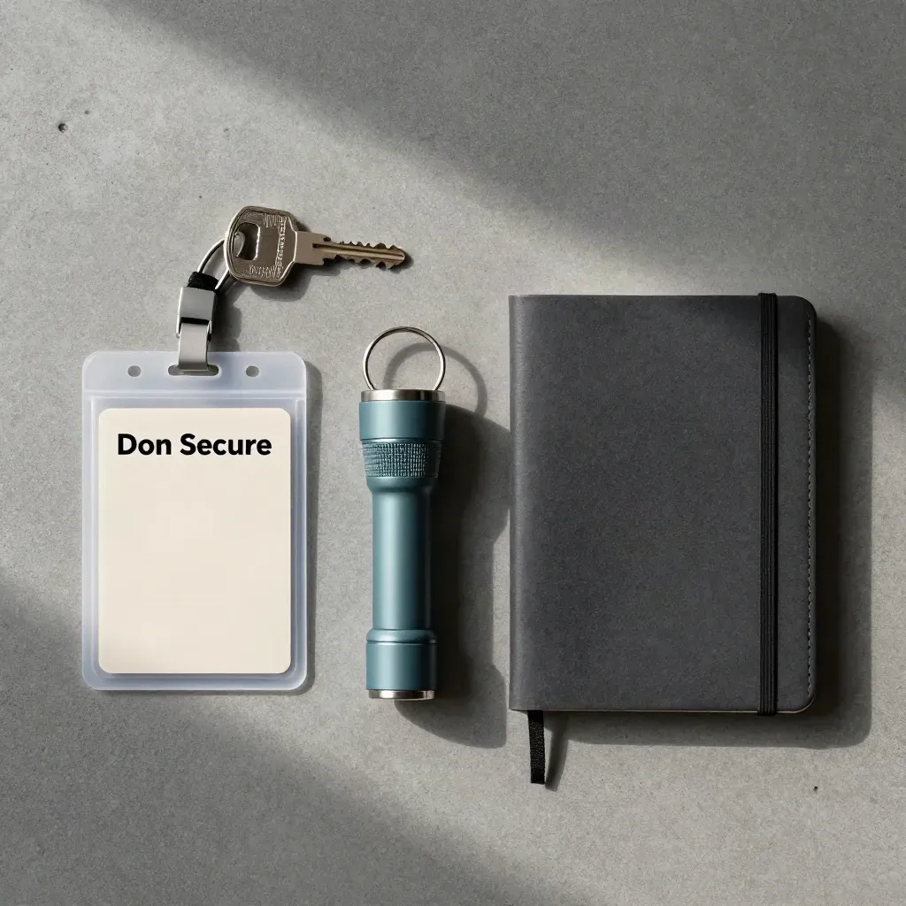 Overhead security review kit with access badge, key, flashlight, and notebook on concrete.