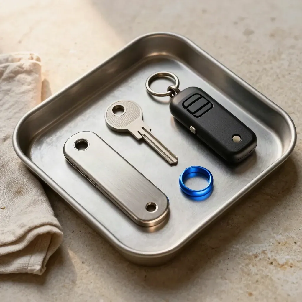 Metal tray with firewall token, endpoint key and access fob on limestone, softly lit from one side.