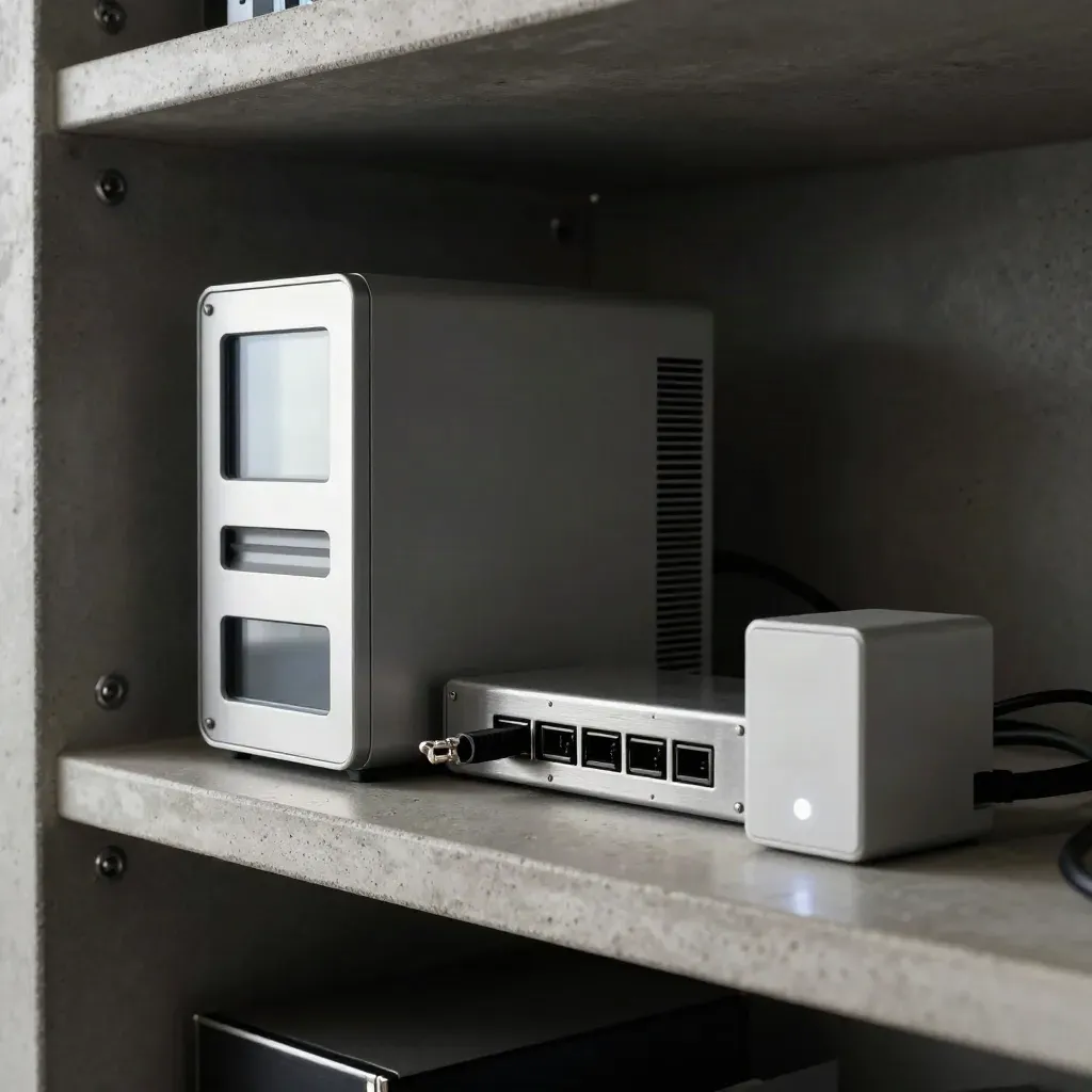 Alert tower, network sensor and UPS light in a dark equipment alcove on a concrete shelf.