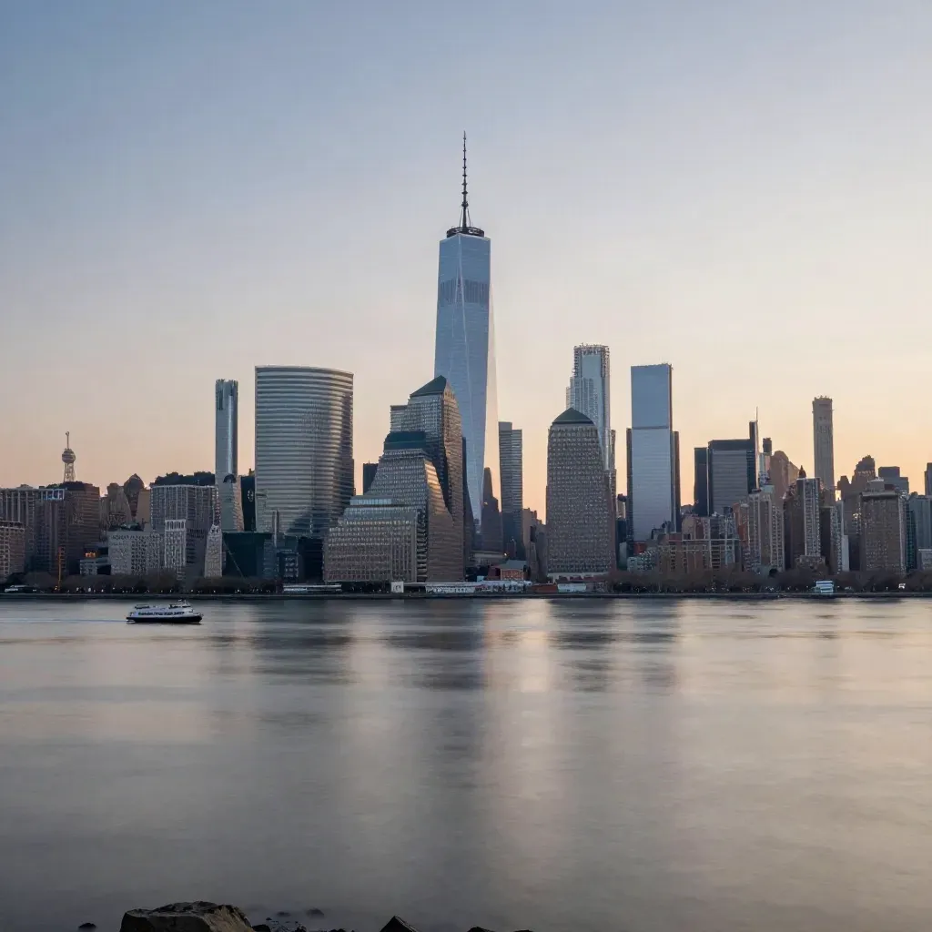 Lower Manhattan skyline above a calm river in warm dawn haze, copy space below.