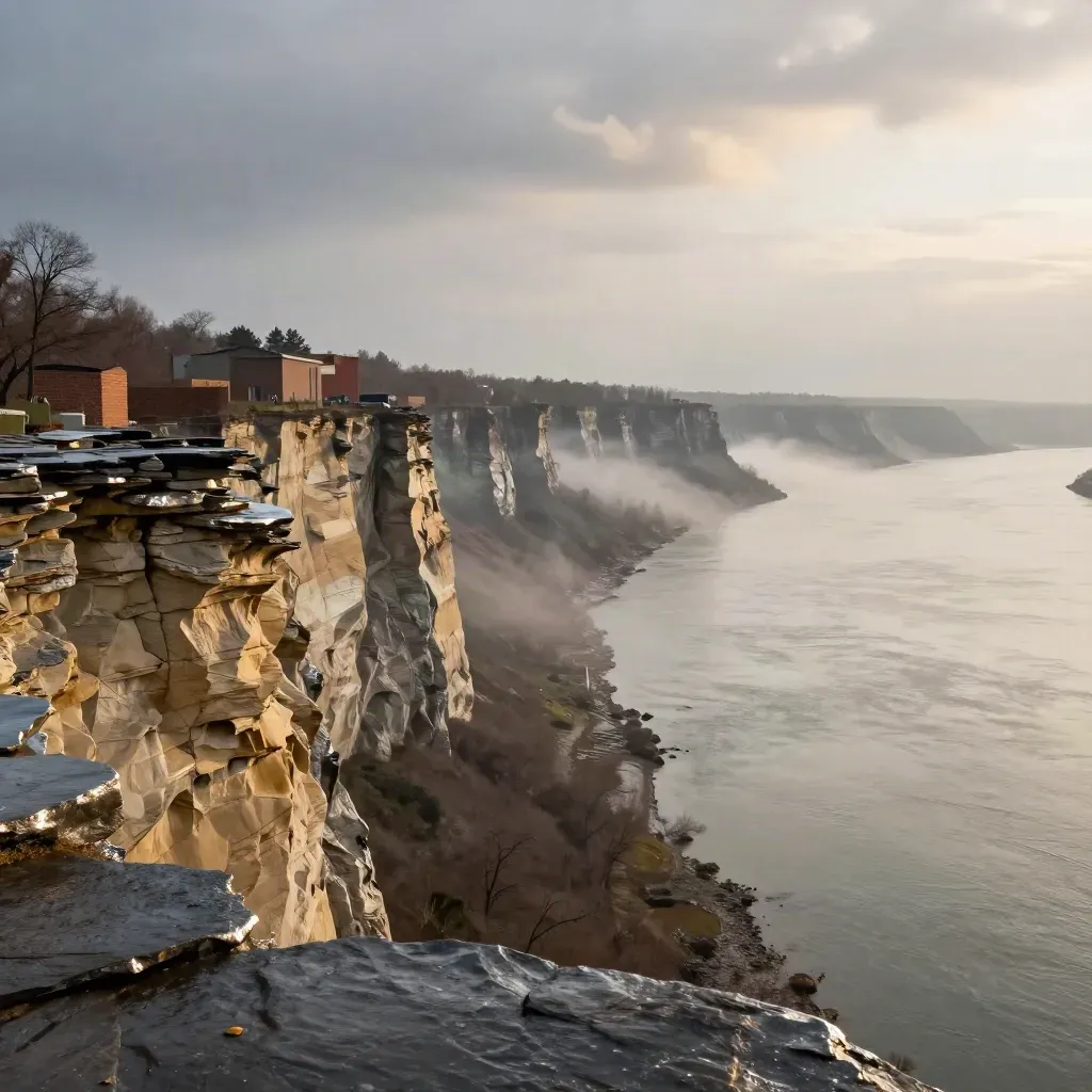 Rainlit Palisades above a hazy Hudson River bend with softened brick silhouettes.