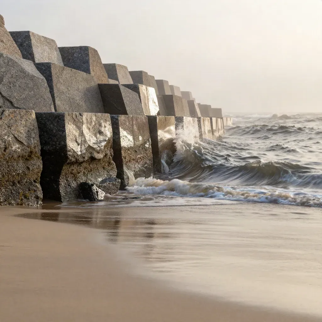 Foggy Connecticut seawall with surf and open calm space for headline copy