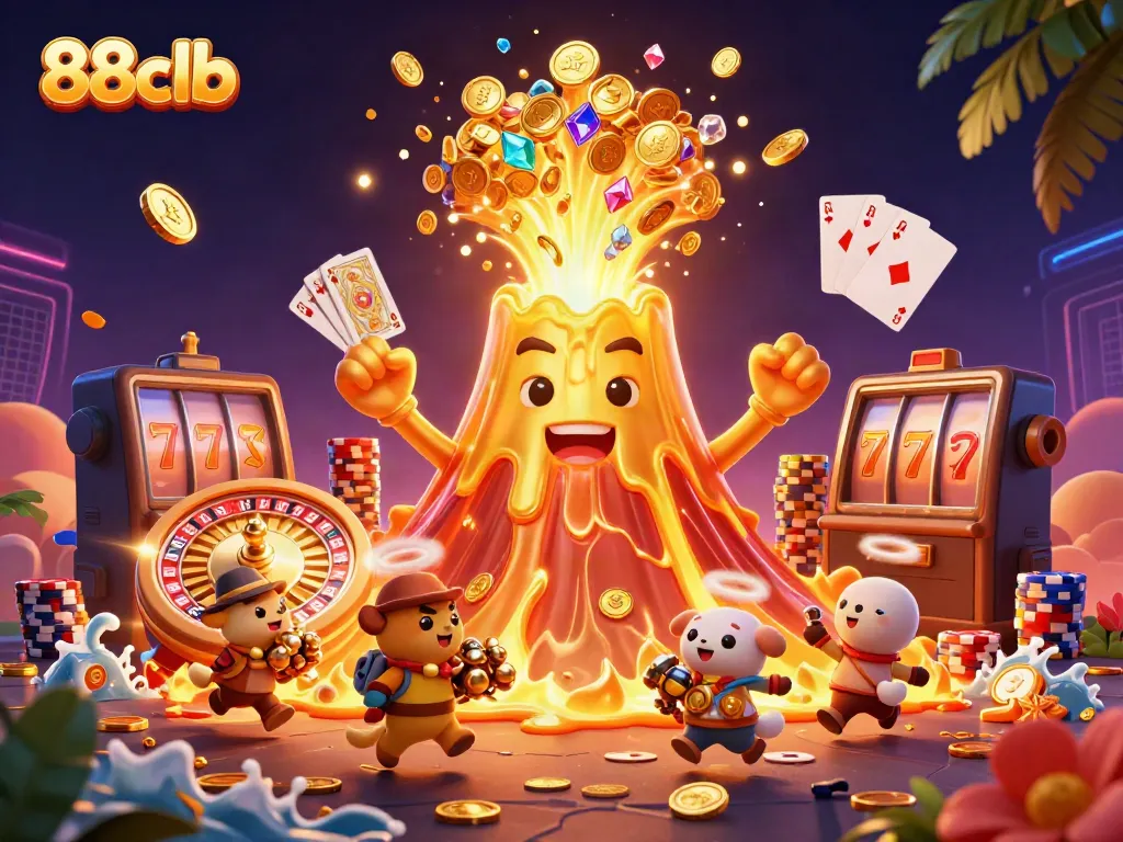 Experience the thrill of 88clb with a golden volcano erupting coins and treasures in a vibrant casino scene.