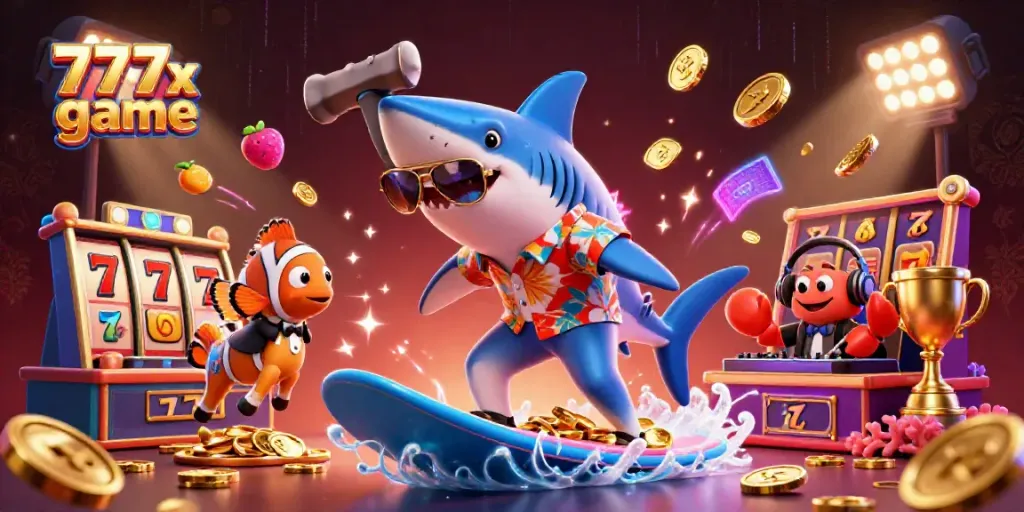 Experience the excitement of the 777x game with a playful shark surfing on gold coins amidst vibrant slot symbols.