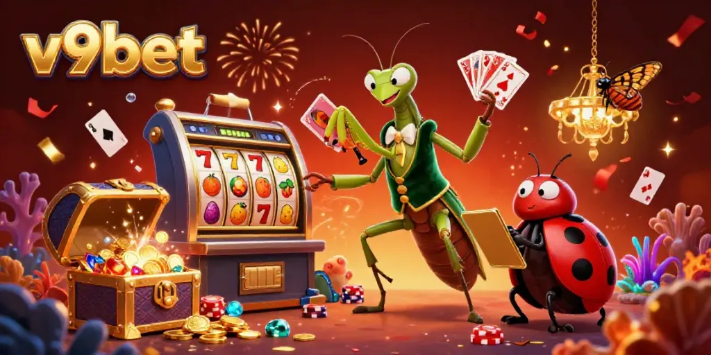 Experience vivid victories with v9bet through a vibrant casino scene filled with characters and gaming elements.