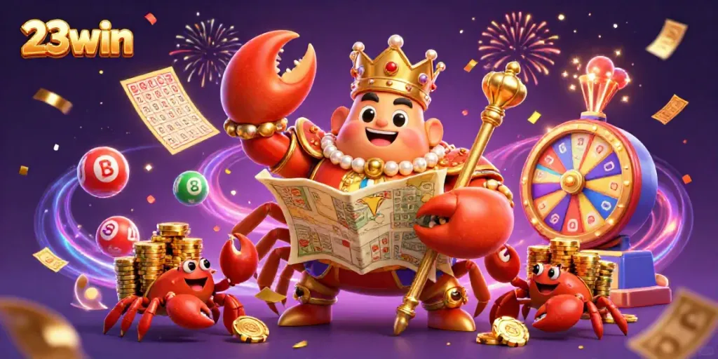 Engage in vibrant casino action with 23win as a golden crab emperor commands the scene amidst colorful lottery elements.