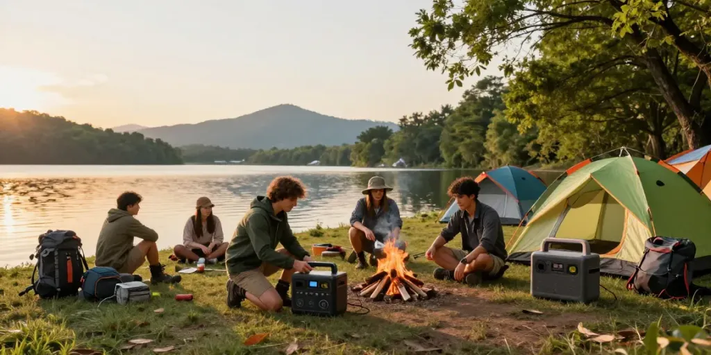 Friends camping and using 12V batteries for portable power in nature.
