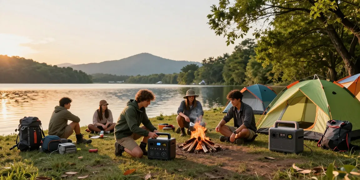 Friends camping and using 12V batteries for portable power in nature.