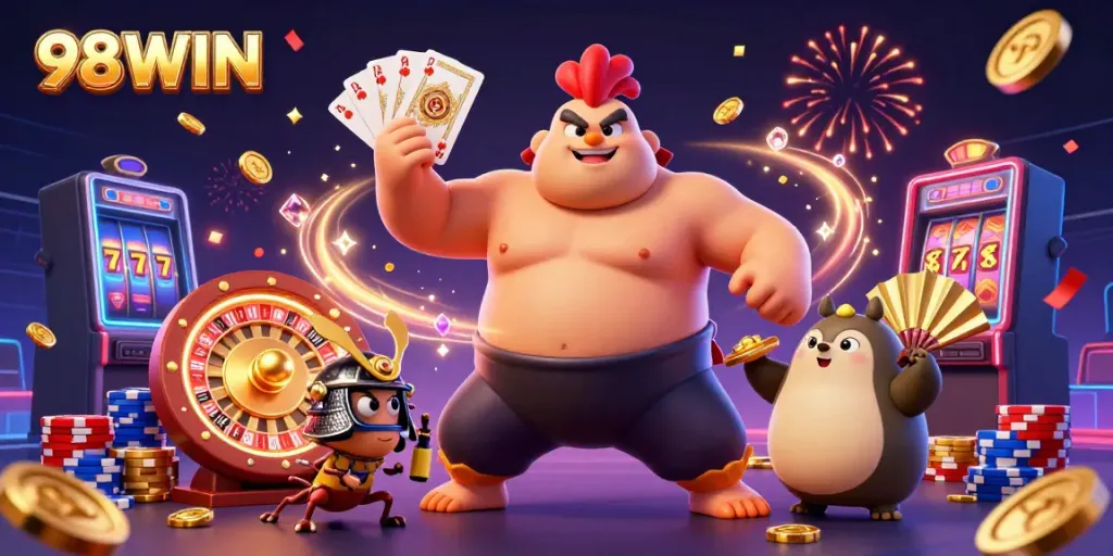 Experience the exciting world of 98WIN with a dynamic gaming scene featuring vibrant characters and casino elements.