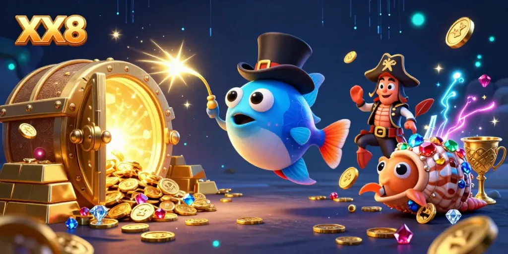 Play and win with XX8 in this vibrant, multi-character casino illustration featuring treasures and excitement.