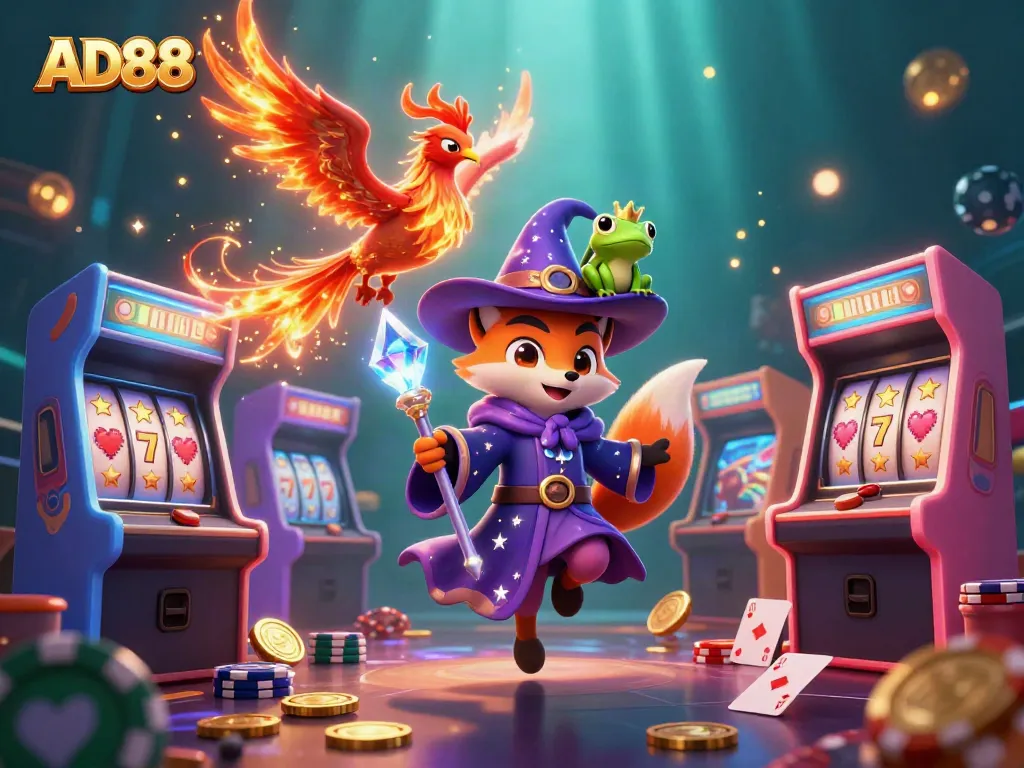 Engage with AD88-themed casino adventure featuring a mystical fox wizard, phoenix, and vibrant gaming elements.