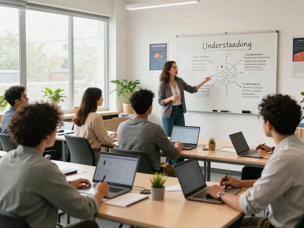 Understanding concepts in a modern classroom with diverse adult learners engaged in discussion.