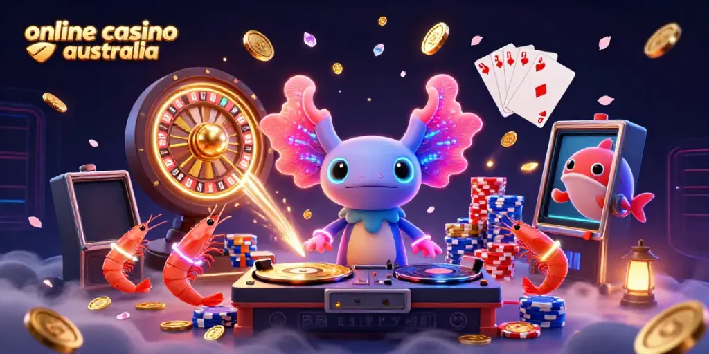 Engaging illustration of vibrant online casino australia scene with axolotl DJ and glowing game elements.