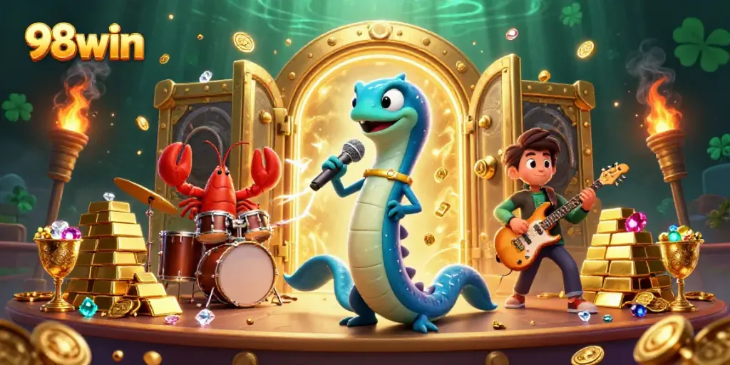 Engage with 98win underwater casino scene featuring electric eel DJ surrounded by dazzling treasures.