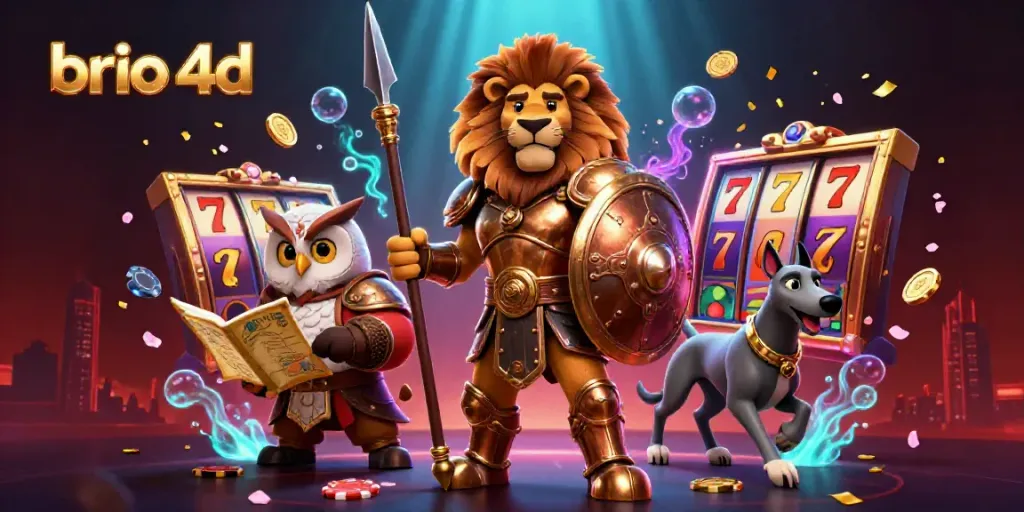 Engage in thrilling gameplay with brio 4d's dynamic casino scene featuring spinning slot reels and vibrant characters.