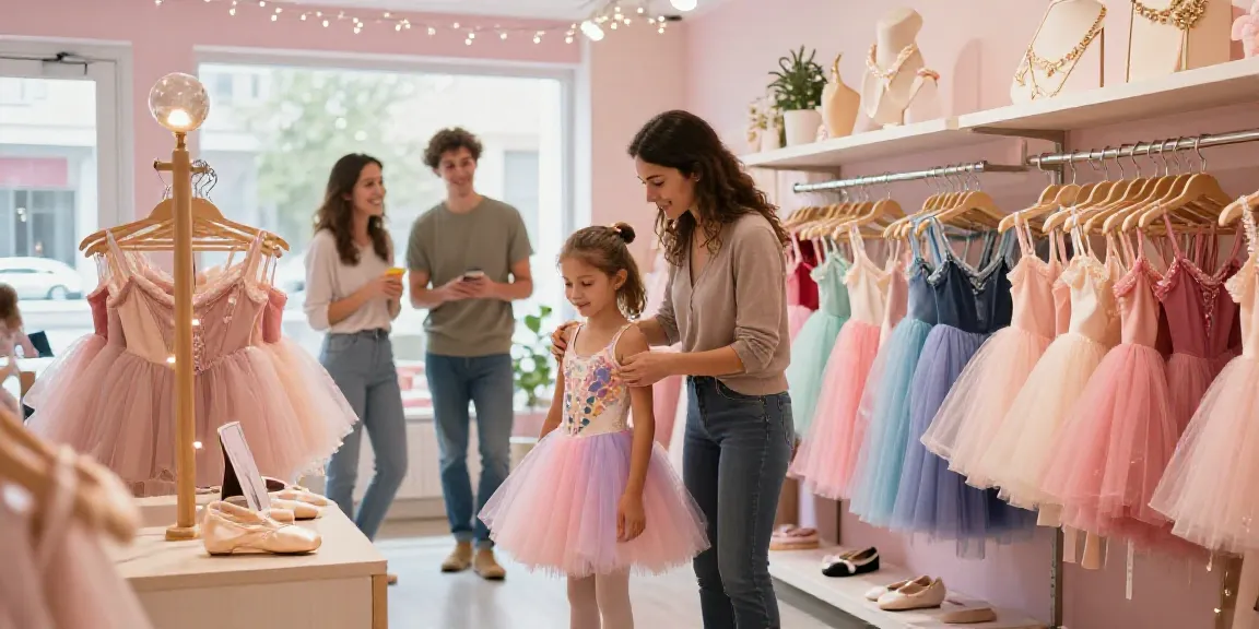 Young girl trying on a colorful tutu at tutu-store.com, joyful shopping experience.