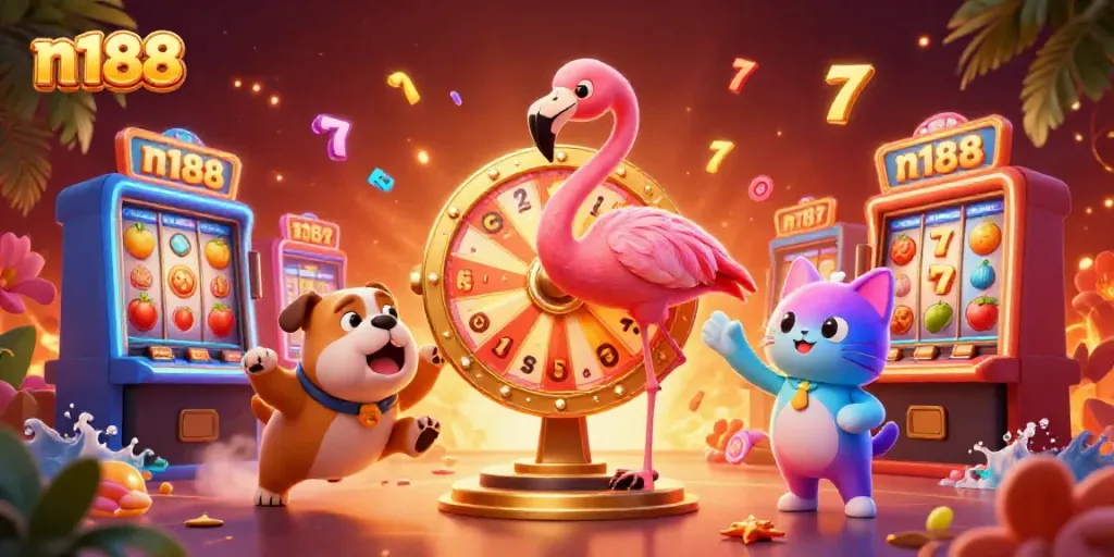 Experience thrilling play at n188 with a vibrant 3D illustration of slots, prizes, and excitement.