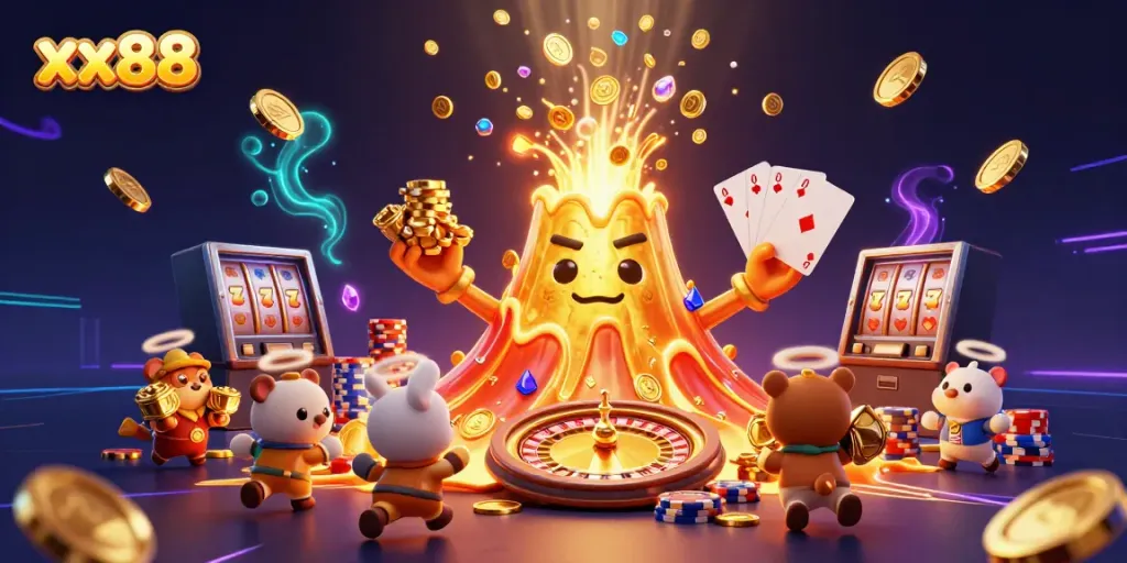 Win big with xx88’s thrilling 3D casino eruption of coins and treasures.
