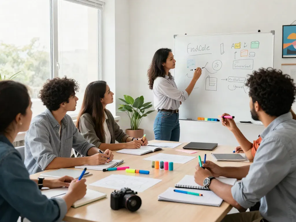 Collaboration scene showcasing a highlighter manufacturer team brainstorming with colorful highlighters on a large conference table.
