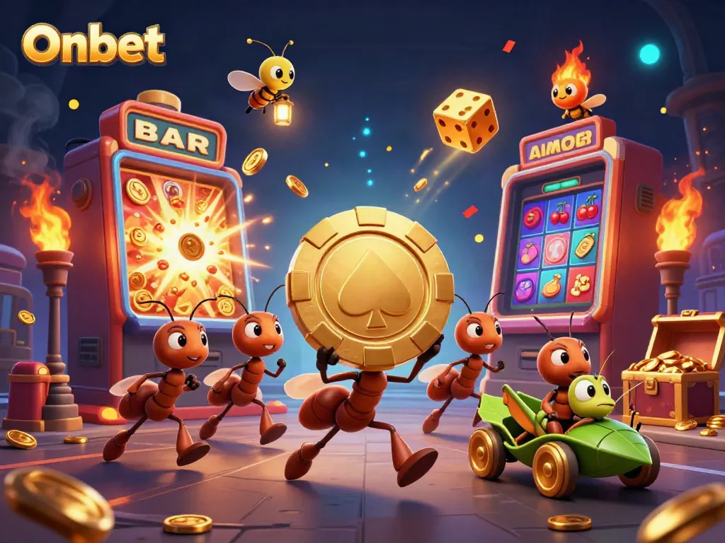 Onbet showcases a thrilling 3D casino heist scene with ants stealing a giant poker chip.