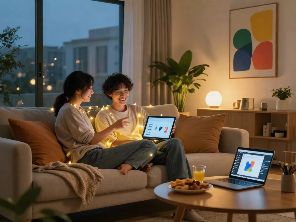 Engaging ai sex chat in a cozy living room with a couple and their AI companion.