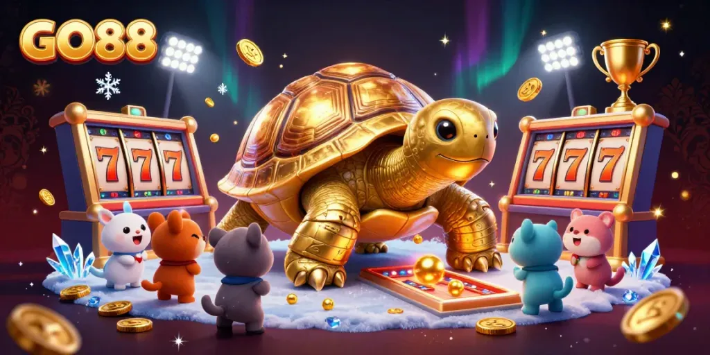 Join the excitement with GO88, where a golden tortoise pinball machine delights players in a vibrant casino scene.
