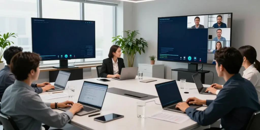Deepfake protected Conferencing in a modern office with diverse team members collaborating over high-tech equipment.