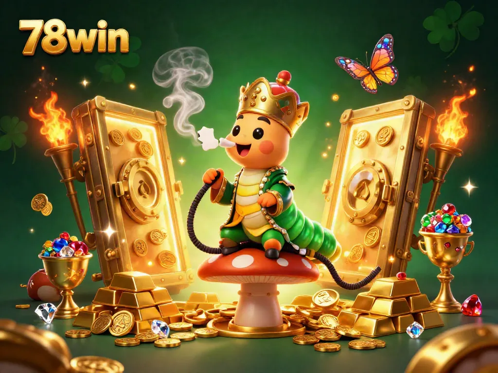Experience the excitement of 78win with a vibrant 3D illustration of a caterpillar hookah-master in a lavish casino.