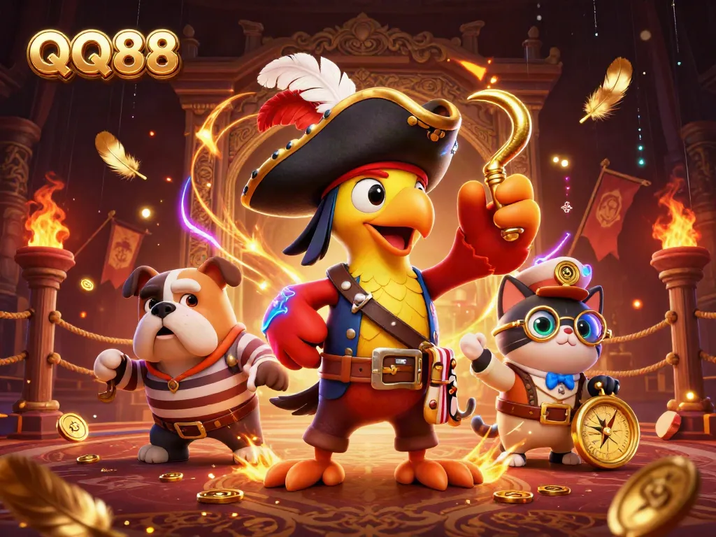 Engage with QQ88's exciting world through this vibrant 3D illustration of casino adventures.